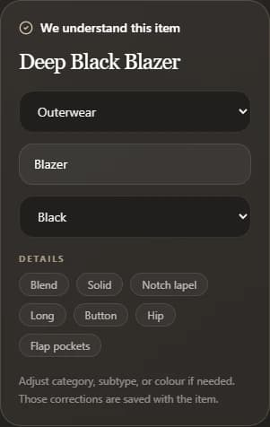ModaMe recognising a black blazer and its garment details