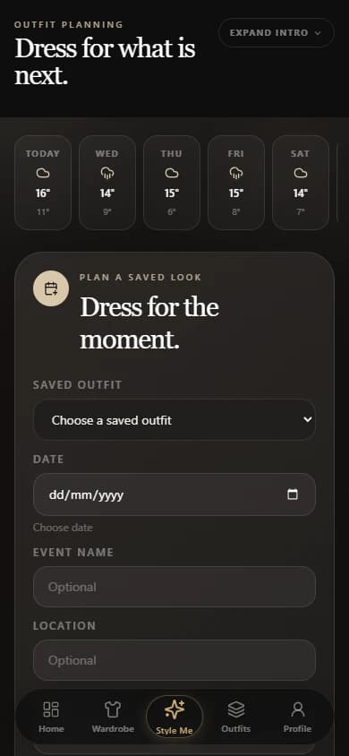 The real ModaMe planning screen with weather context and saved-look planning