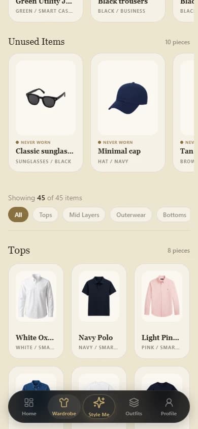 A real populated ModaMe wardrobe grid