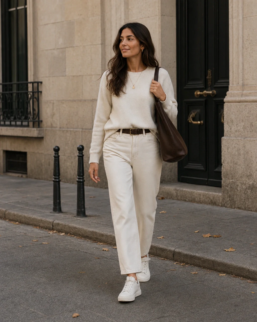 ModaMe editorial image of an ivory tailored womenswear look in the city